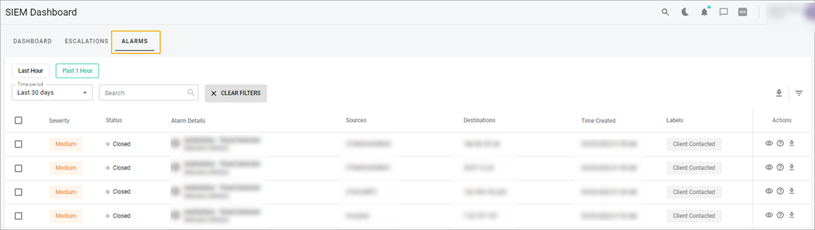 SIEM Alarms Tab